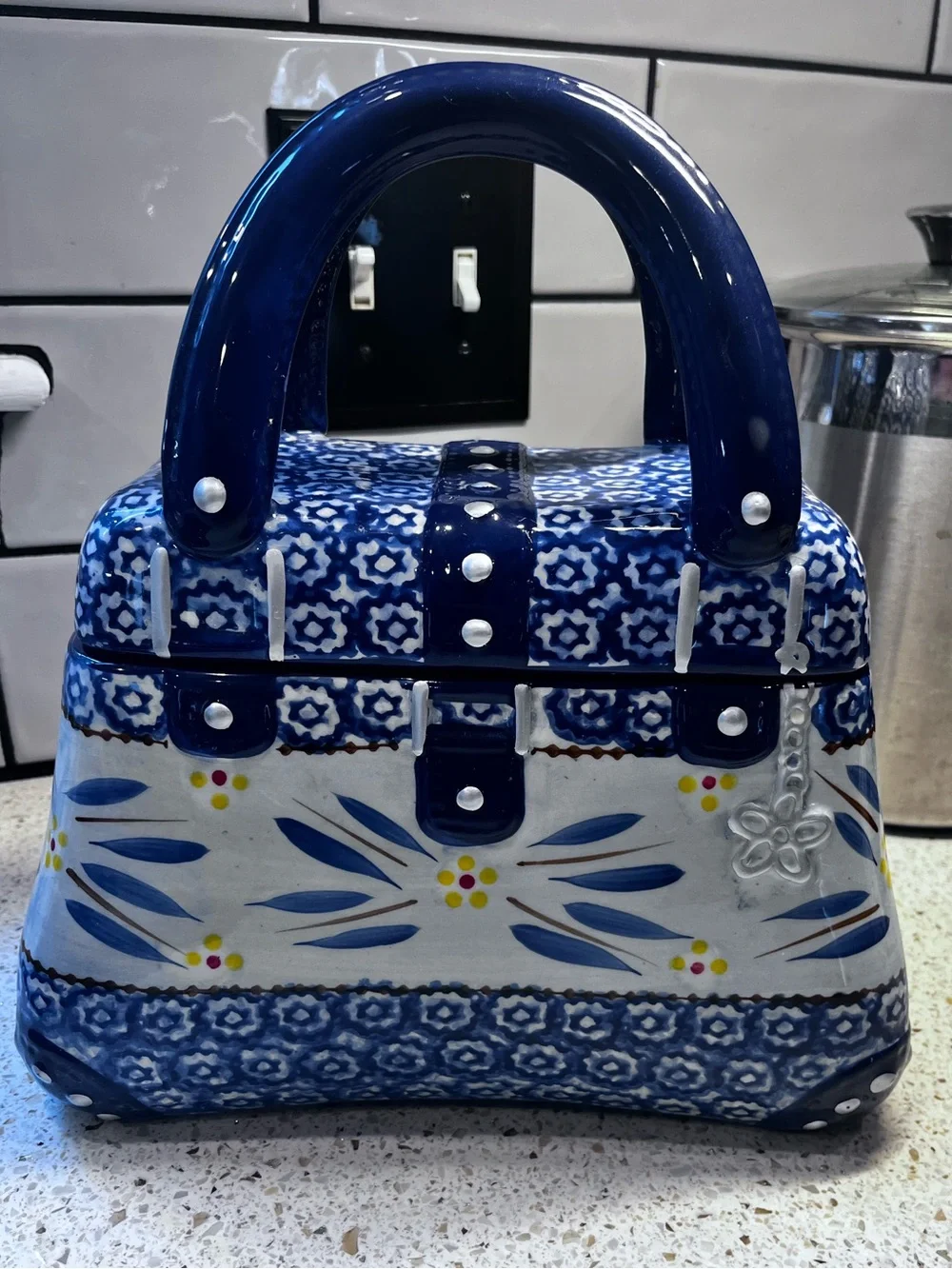 Temptations by Tara Blue White Ceramic Purse Handbag Cookie Jar